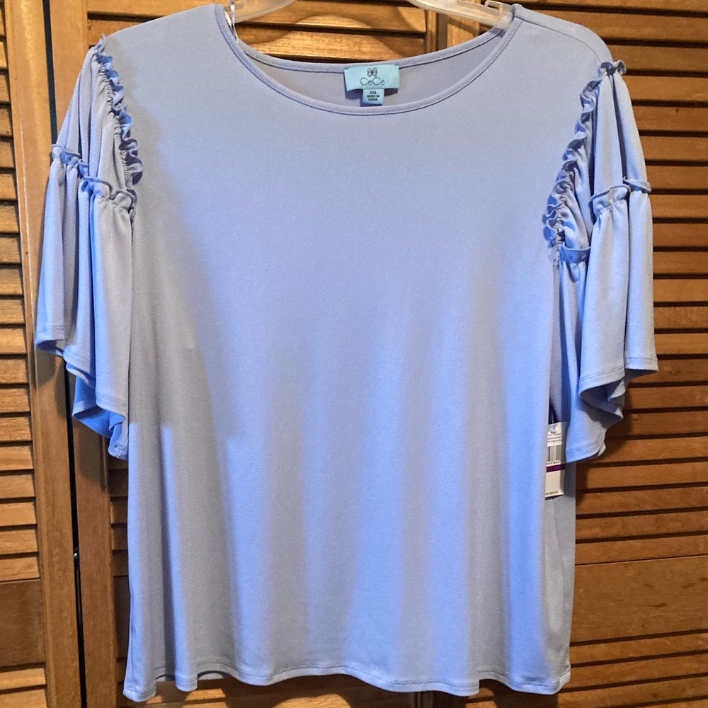 CeCe Light Blue Stretchy Top with Ruffled Short Bell Sleeves
